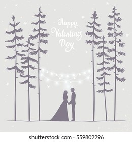 Romantic silhouette of loving couple in pines in forest the evening. Valentines Day. Happy Lovers. Vector illustration