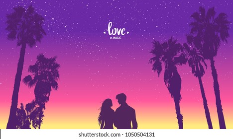 Romantic silhouette of loving couple at scenic sunset on tropical beach with palm trees. Happy Lovers. Vector illustration