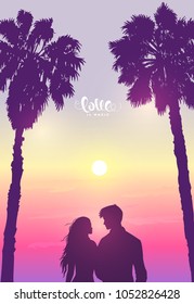Romantic silhouette of loving couple at scenic sunset on tropical beach with palm trees. Happy Lovers. Vector illustration