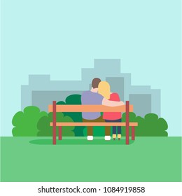 Romantic silhouette of loving couple sit on a bench in park. Vector illustration for Happy Valentines Day, wedding invitations, greeting cards. Man and woman love hug. Typography poster background.