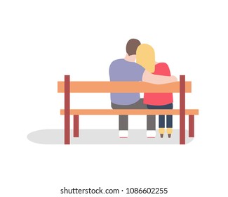 Romantic silhouette of loving couple sit on a bench. Vector illustration for Happy Valentines Day, wedding invitations, greeting cards. Man and woman love hug. Typography poster background, isolated.