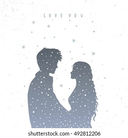 Romantic silhouette of loving couple with stars. Vector illustration. Valentine's Day