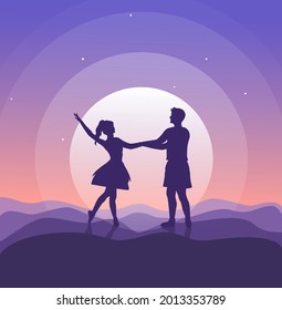 Romantic silhouette of loving couple at sunset.