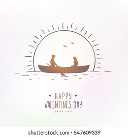 Romantic silhouette of loving couple at sunset in a boat. Valentines Day. Happy Lovers. Vector illustration