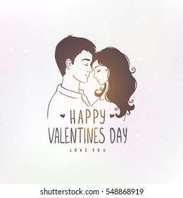 Romantic silhouette of loving couple at sunset with text. Valentines Day. Happy Lovers. Vector illustration