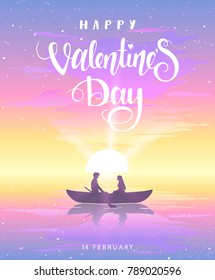 Romantic silhouette of loving couple at sunset in a boat. Valentines Day. Happy Lovers. Vector illustration. Beautiful view at sunset