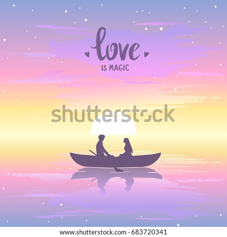 Romantic silhouette of loving couple at sunset in a boat. Valentines Day. Happy Lovers. Vector illustration. Beautiful view at sunset