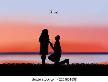 Romantic silhouette loving couple at sunset.Vector