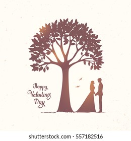 Romantic silhouette of loving couple under amazing tree. Valentines Day. Happy Lovers. Vector illustration