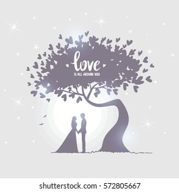 Romantic silhouette of loving couple under amazing tree with hearts in the moonlight. Valentines Day. Happy Lovers. Beautiful romantic card. Vector illustration