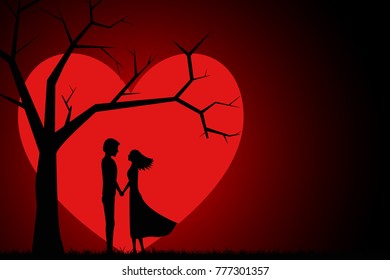 Romantic silhouette of loving couple under tree on background of the moon in the form of a heart. Valentines Day. Happy Lovers. Beautiful romantic card. Vector illustration