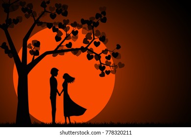 Romantic silhouette of loving couple under amazing tree with hearts in the moonlight. Valentines Day Card. Happy Lovers. Beautiful romantic card. Vector illustration