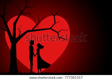 Romantic silhouette of loving couple under tree on background of the moon in the form of a heart. Valentines Day. Happy Lovers. Beautiful romantic card. Vector illustration