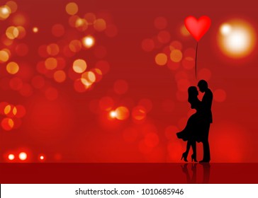 Romantic silhouette of loving couple. Valentines Day 14 February. Happy Lovers. Vector illustration isolated or red blurry background