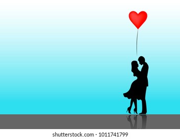 Romantic silhouette of loving couple. Valentines Day 14 February. Happy Lovers. Vector illustration isolated or heavenly background