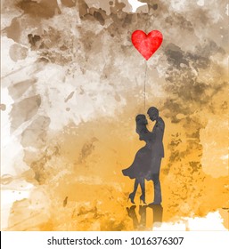 Romantic silhouette of loving couple. Valentines Day 14 February. Happy Lovers. Vector illustration, watercolor style