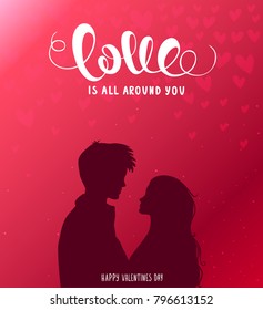 Romantic silhouette of loving couple. Valentines Day 14 February. Happy Lovers. Vector illustration