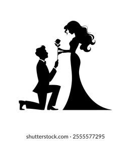 Romantic Silhouette Of A Proposal With Flower, Love And Commitment.