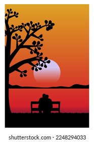 romantic silhouette vector at dusk. romantic couple sitting by the lake watching the beautiful sunset. and the tree beside it adds coolness.