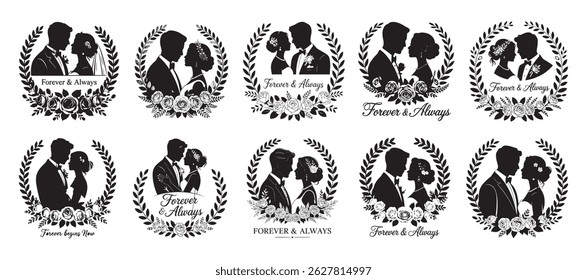 Romantic Silhouette Wedding Couple Clipart with Floral Wreath – Bride and Groom Vector Collection