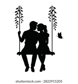 A romantic silhouette of a young couple sitting on a hanging swing decorated with vines and leaves. A butterfly flies nearby, symbolizing love and peaceful nature.