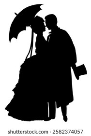 Romantic silhouette of young victorian couple in which woman and man are going to kiss.