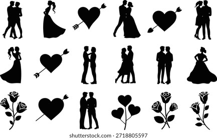 Parejas bailando, abrazando, corazones con flechas, rosas, motivos de San Valentín