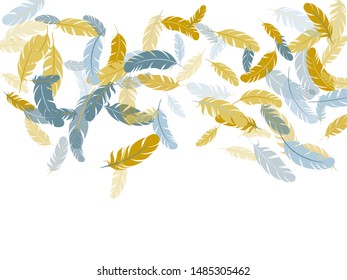 Romantic silver gold feathers vector background. Flying feather elements airy vector design. Plumage trendy fashion shower decor. Smooth plumelet tribal ornate graphics.