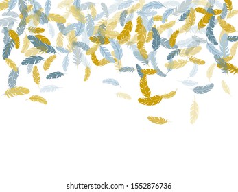 Romantic silver gold feathers vector background. Fluffy twirled feathers on white design. Easy plumelet ethnic indian graphics. Plumage glamour fashion shower decor.