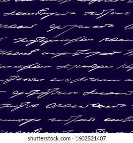 Romantic silver text. Indistinct written handwriting. Seamless pattern letter. Trend background for design fabric, interior, packaging, gift pack, wallpaper, wrapping paper, wrapper, prints