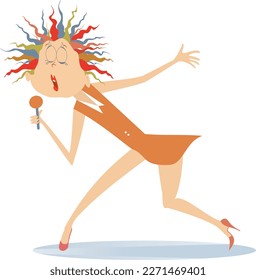 Romantic singer woman. 
Young woman with microphone sings a song with great inspiration. Illustration on white background
