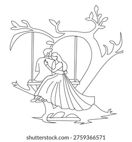 Romantic Sitting Couple Swing Line Art Heart Tree Love Illustration