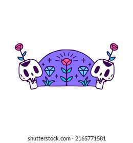 Romantic skeletons with roses and diamond, illustration for t-shirt, sticker, or apparel merchandise. With doodle, retro, and cartoon style.
