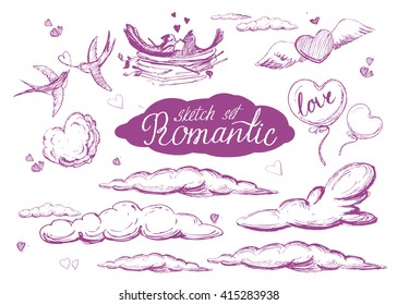 Romantic sketch set with hearts, clouds, swallows. Vector isolated