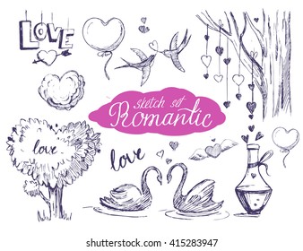 Romantic sketch set with hearts, clouds, love potion, swallows. Vector isolated
