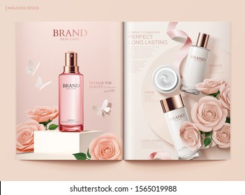 Romantic skincare magazine template with cosmetic products and beautiful paper roses decorations in 3d illustration