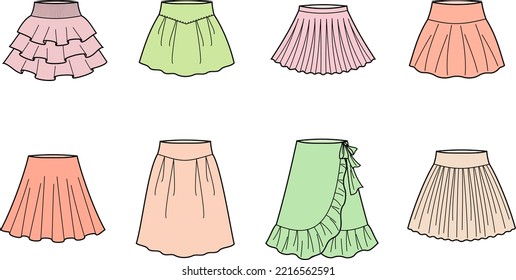 Romantic skirt set flat sketch. Summer wear apparel design. Front view. Women CAD mockup. Fashion technical drawing template. Vector illustration.