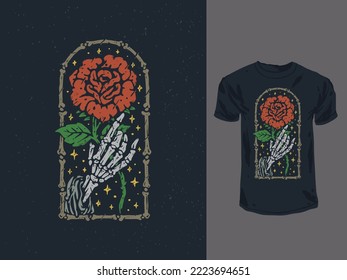 Romantic skull hold the roses vintage illustration