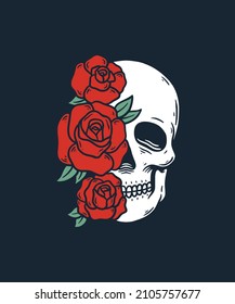 Romantic Skull with Red Rose Premium Illustration