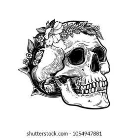 Romantic skull with wreath of flowers and thorns.