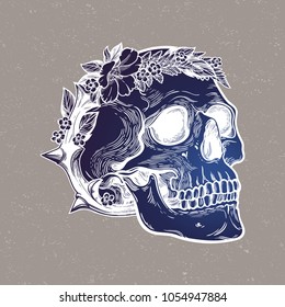 Romantic skull with wreath of flowers and thorns.