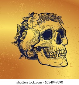 Romantic skull with wreath of flowers and thorns.