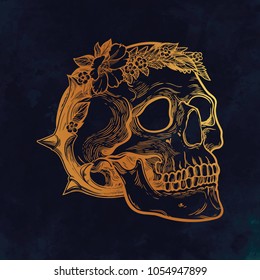 Romantic skull with wreath of flowers and thorns.