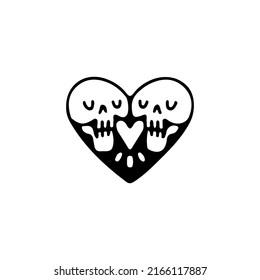 Romantic skulls with heart shape, illustration for t-shirt, sticker, or apparel merchandise. With doodle, retro, and cartoon style.