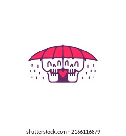 Romantic skulls with umbrella, illustration for t-shirt, sticker, or apparel merchandise. With doodle, retro, and cartoon style.