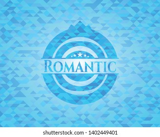 Romantic sky blue emblem with triangle mosaic background
