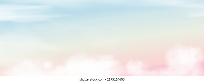 Romantic sky with fluffy cloud in pastel tone on blue,pink,orange in morning,Fantasy sunset dusk sky on spring,summer,autumn, winter, Vector illustration sweet background for holiday banner