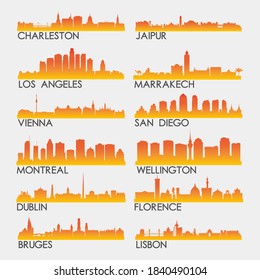 Romantic Skyline City Silhouette Design Collection. Vector Illustration Set Clip Art.