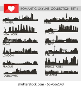 Romantic Skyline City Silhouette Design Collection