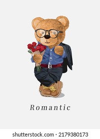 eslogan romántico con muñeca de oso en gafas sosteniendo rosas, ramo vectorial ilustración